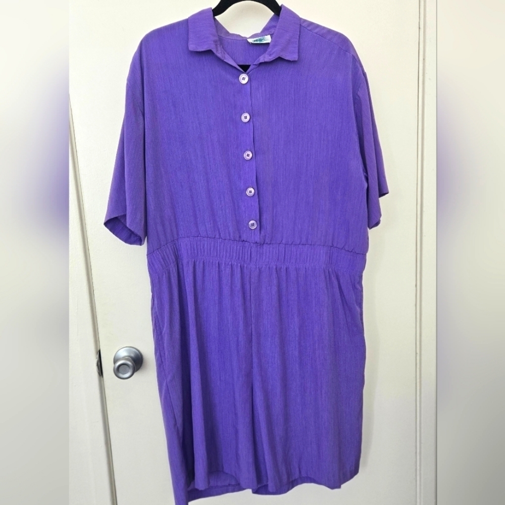 Vintage 80's Short Sleeve Button down Short Romper Purple